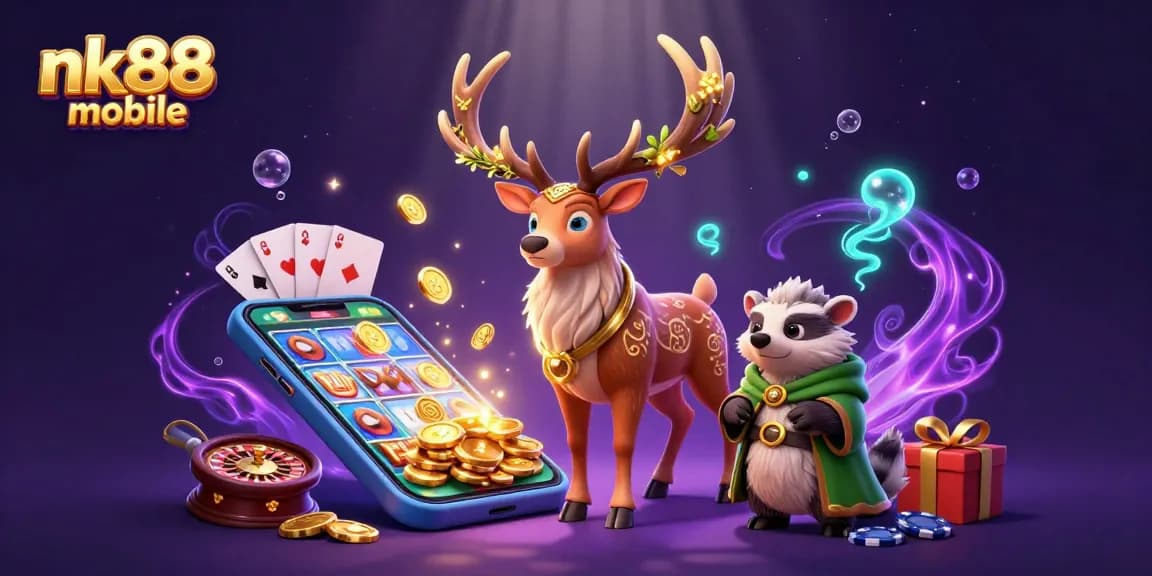 Experience nk88 mobile's vibrant slots in a dynamic 3D illustration filled with magical energy.
