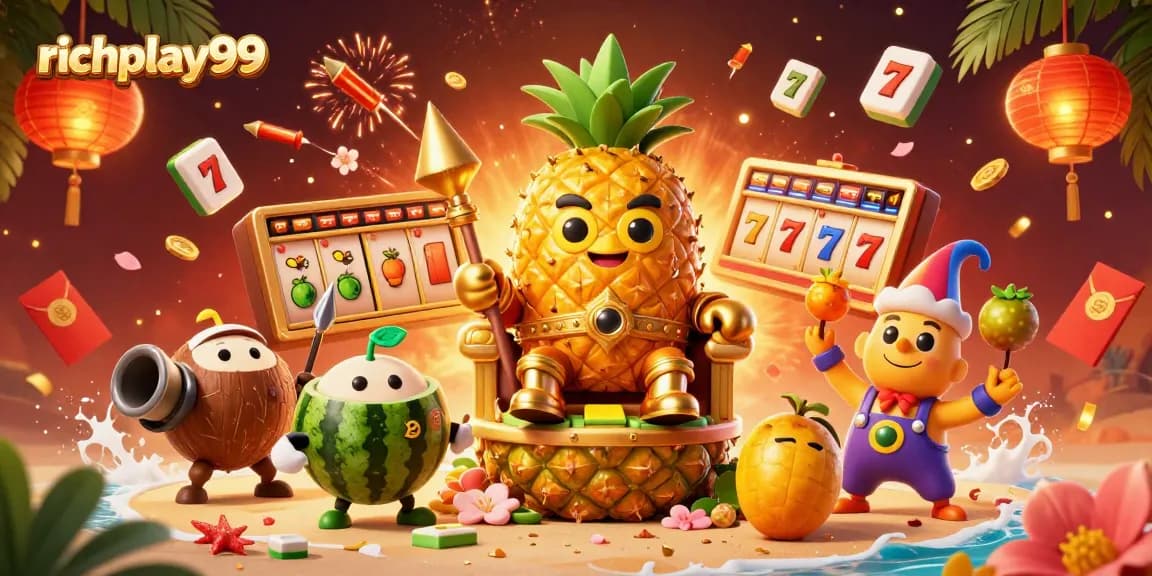 Experience richplay99 gaming with the vibrant pineapple king surrounded by slot elements.
