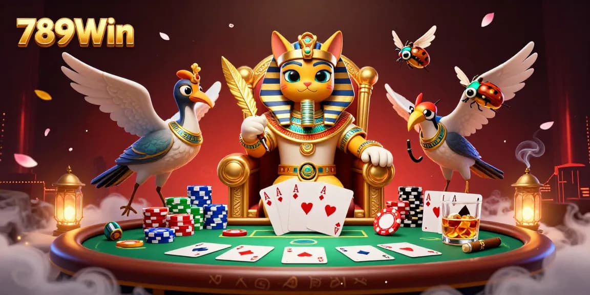 789Win cat pharaoh at a gold poker table, showcasing an exciting online casino atmosphere.