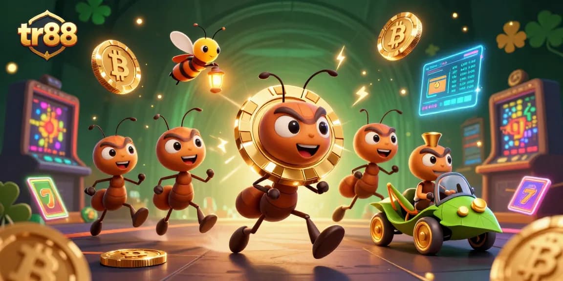 tr88 ants racing with a golden poker chip through a vibrant casino scene