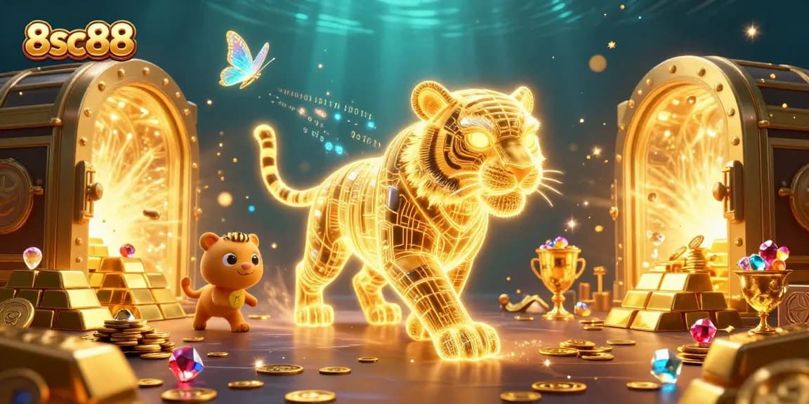 Experience the thrilling energy of 8sc88 casino with a dynamic neon tiger and golden treasures.