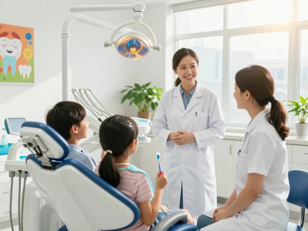 Dentist welcoming a family in a bright dental clinic, highlighting a friendly atmosphere for those searching for a dentist near me.
