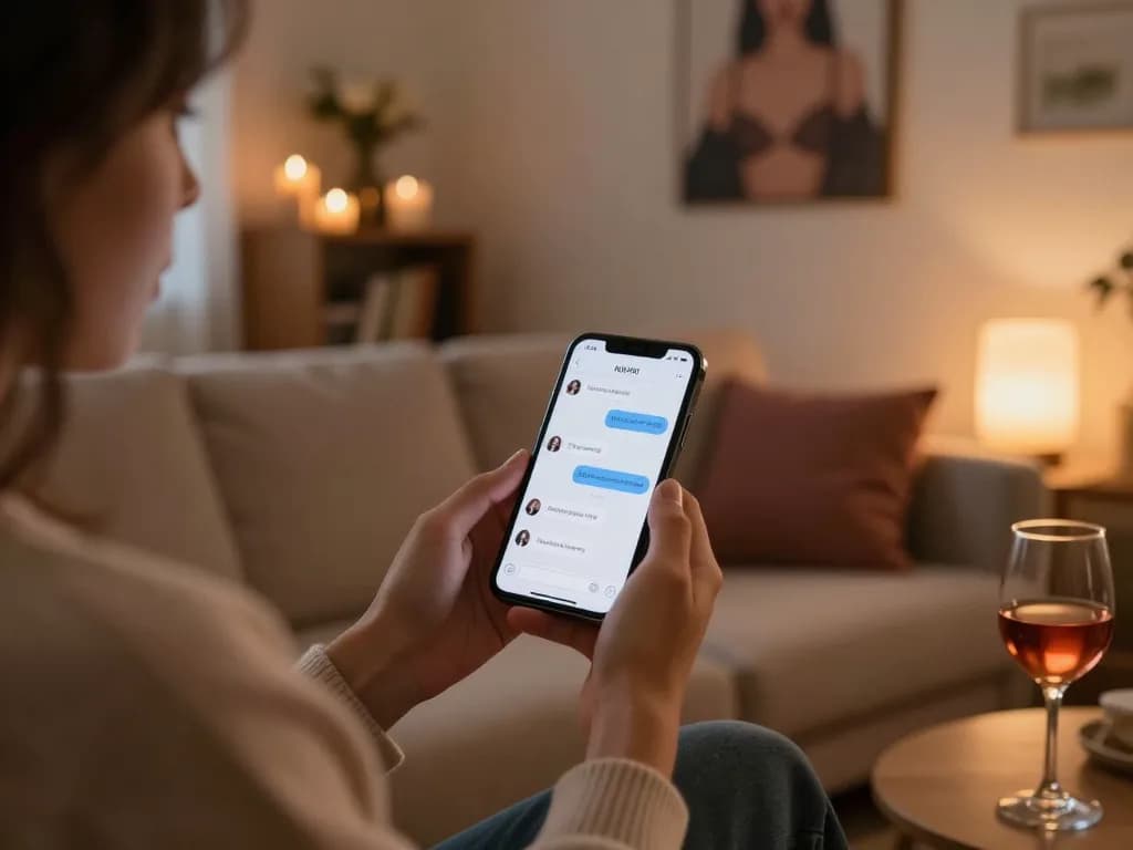 Engaging 18+ AI chat interaction in a cozy room with romantic decor.