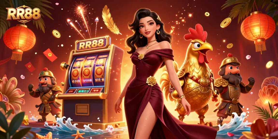Win big at RR88 with this vibrant 3D illustration capturing the excitement of online slots.