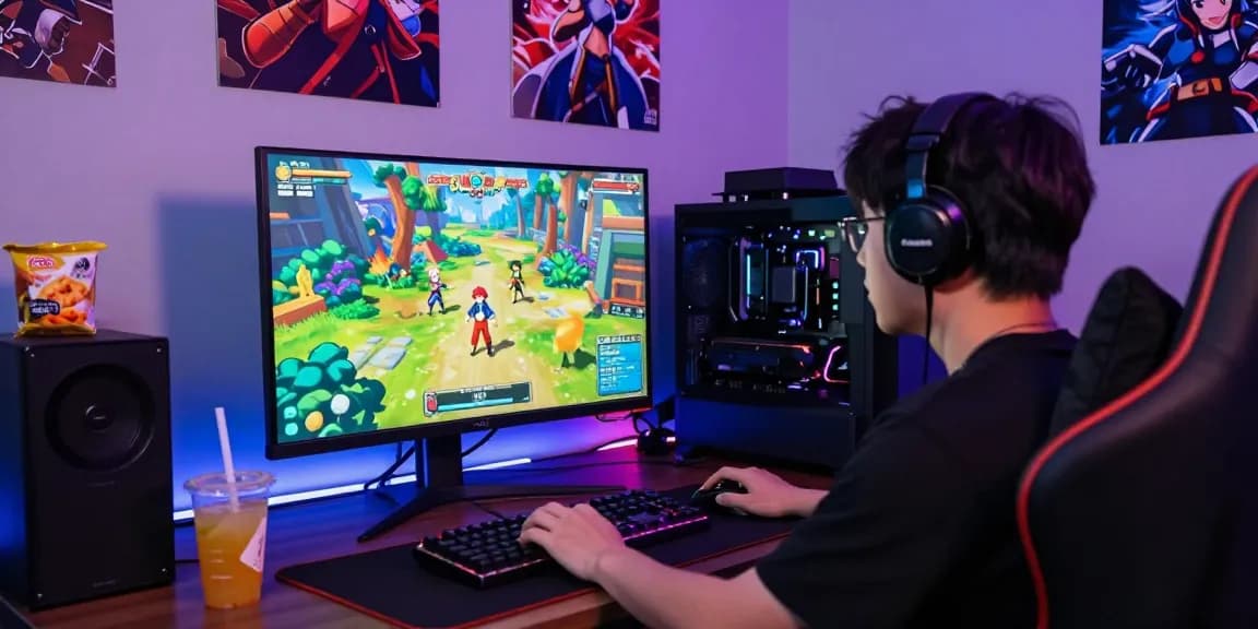 Player engaging with a hentaigame on a vibrant monitor in an immersive gaming setup.
