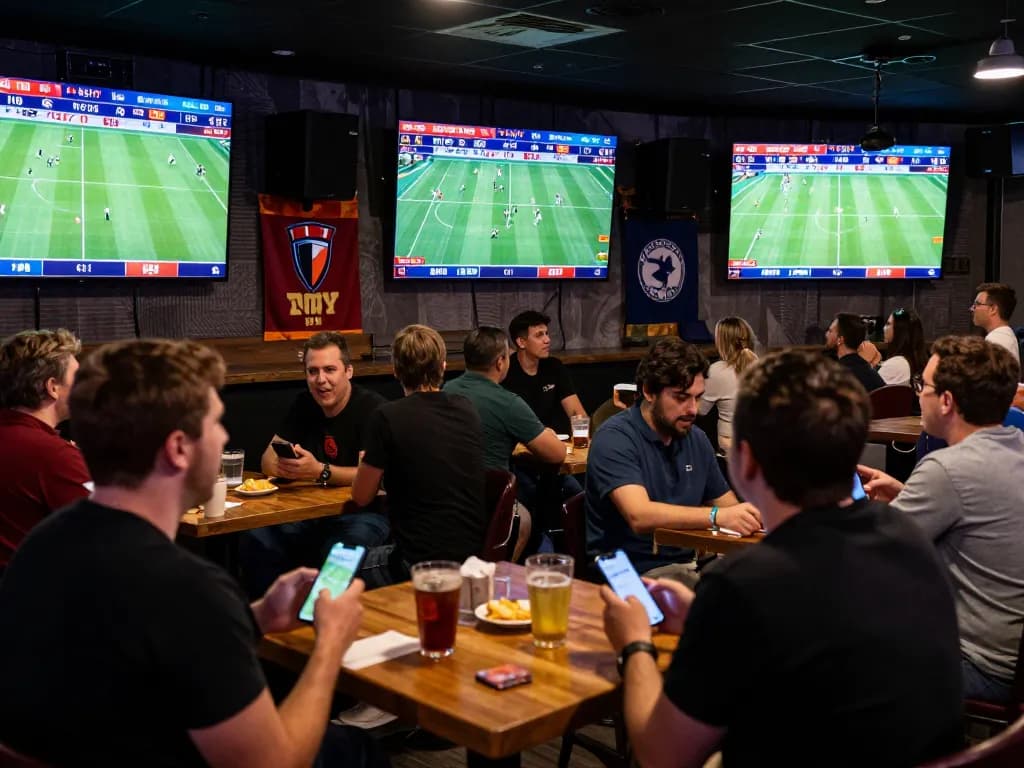 Exciting sports betting atmosphere with fans following ty le keo nha cai on live screens.