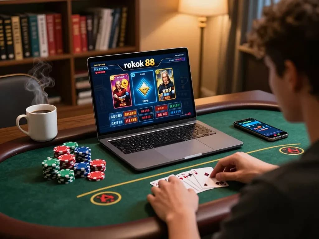 Engaged player using rokok 88's online casino platform on laptop with poker game displayed, warm lighting enhances the inviting atmosphere.