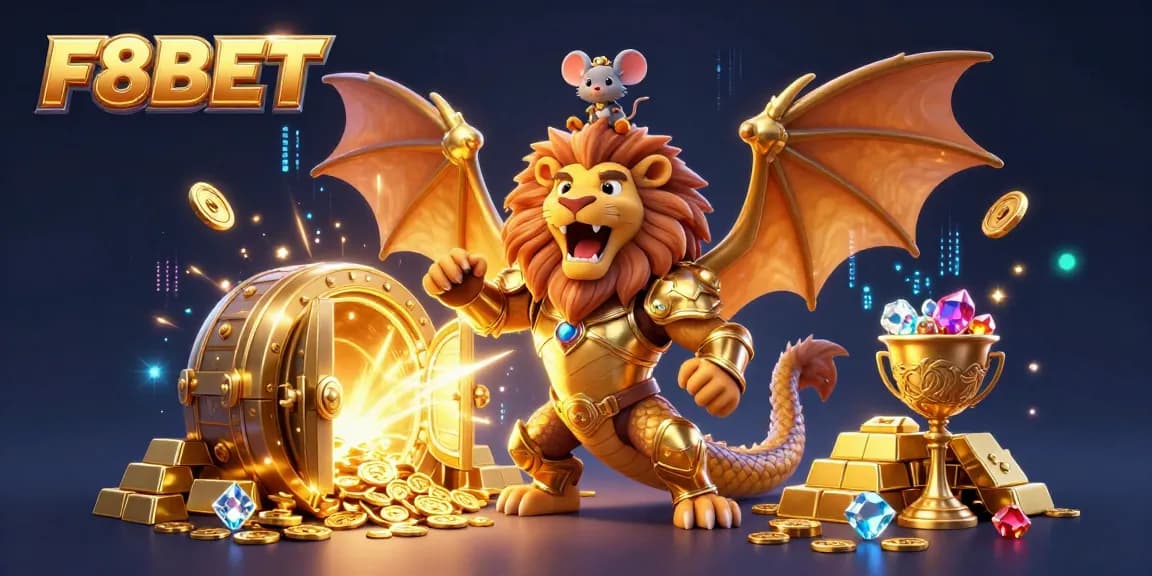 Experience thrilling wins at F8BET with an animated scene of a triumphant chimera and mouse jockey amidst a wealth of gold.