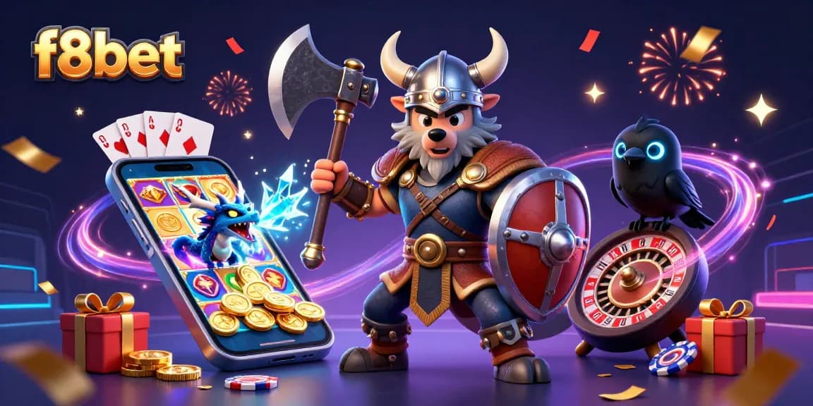 Experience the thrilling world of f8bet with a dynamic casino scene featuring a Viking wolf warrior, a fierce dragon, and gaming elements.