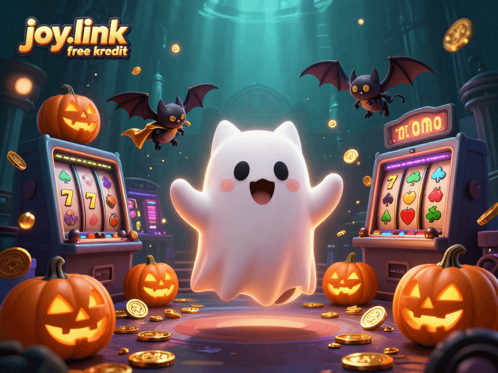 A dynamic scene showcasing joy.link free kredit with a friendly ghost cat and vampire bat in a vibrant haunted casino.