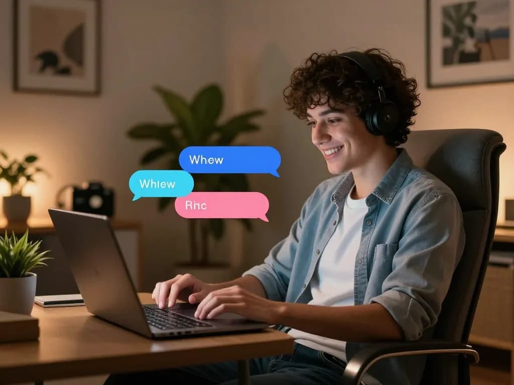 Engaging in ai sex chat with a friendly AI chatbot in a cozy home office