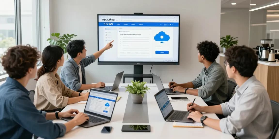 Collaborative team using WPS Official Website for productivity in a modern office.