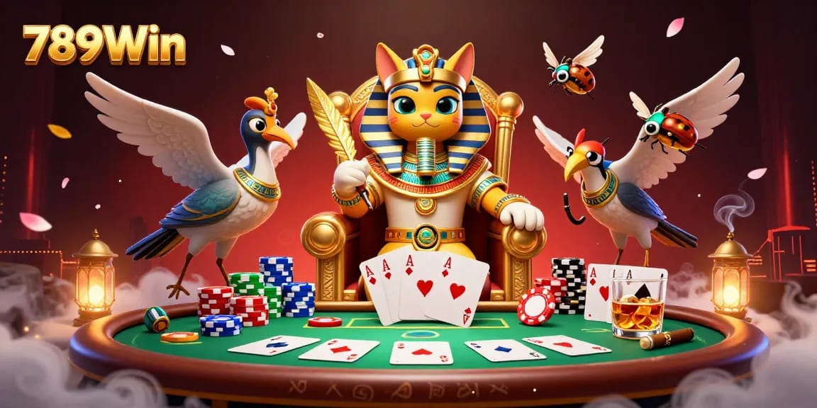 789Win cat pharaoh at a gold poker table, showcasing an exciting online casino atmosphere.