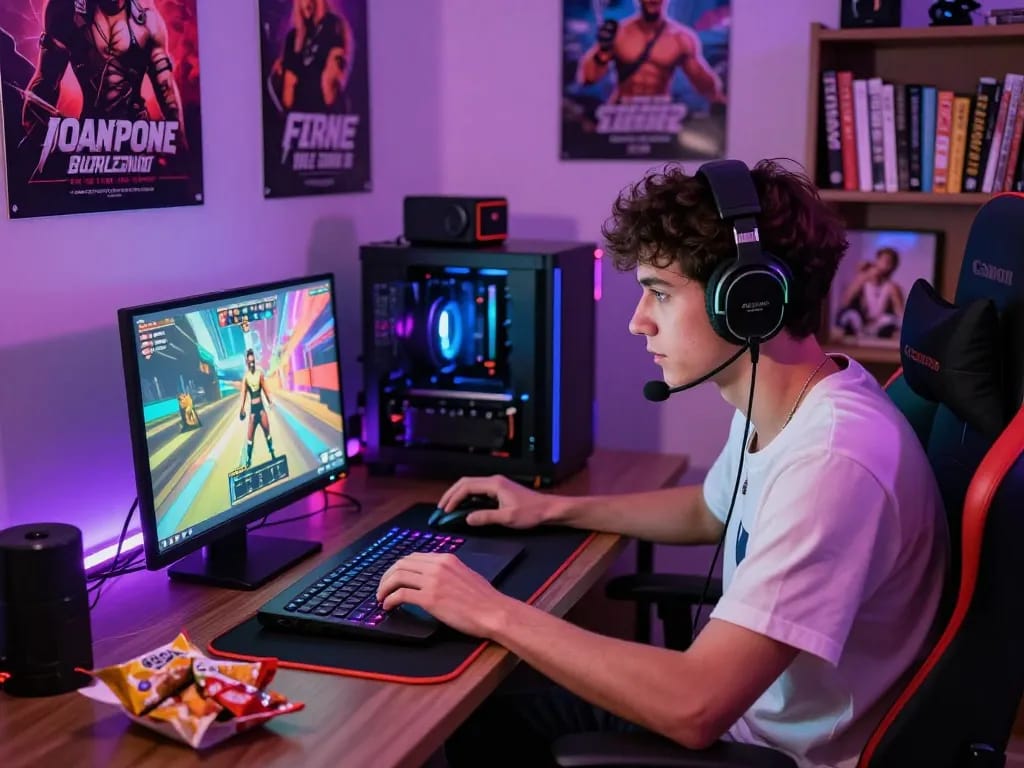 Engaged gamer playing gay porn games in a colorful room filled with gaming gear and vibrant decor.