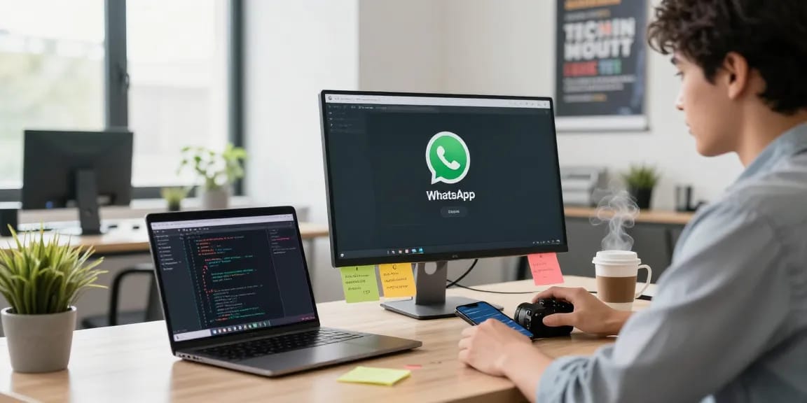 Professional using WhatsApp網頁版 on a monitor, surrounded by a modern workspace with tech gadgets and a motivating atmosphere.