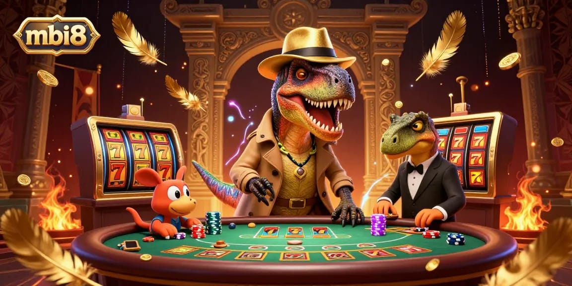 Engage with the dynamic gaming scene at mbi8, featuring a clever velociraptor card counter and vibrant casino elements.
