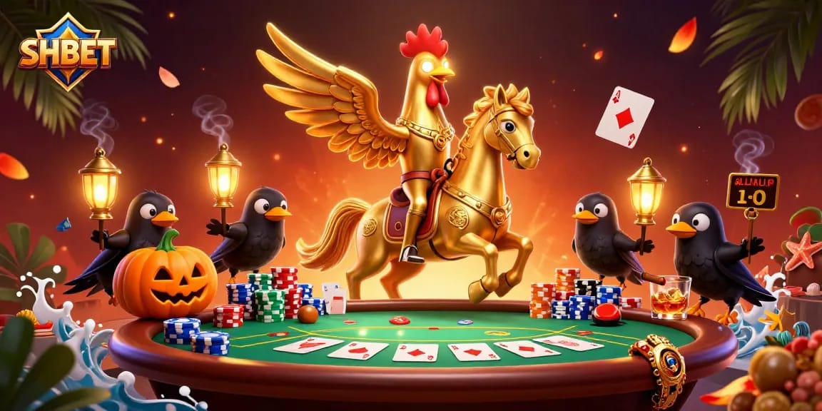 Experience the thrill of SHBET in a vibrant casino setting with golden rooster and poker action.