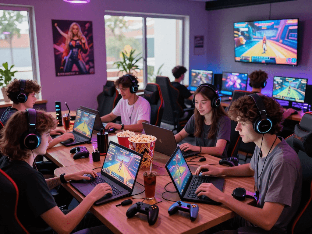 Play porn games in a vibrant gaming lounge with friends enjoying adult games.