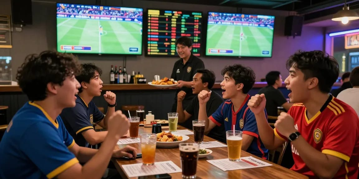 Football Betting Malaysia scene at a lively sports bar with fans enjoying live matches.