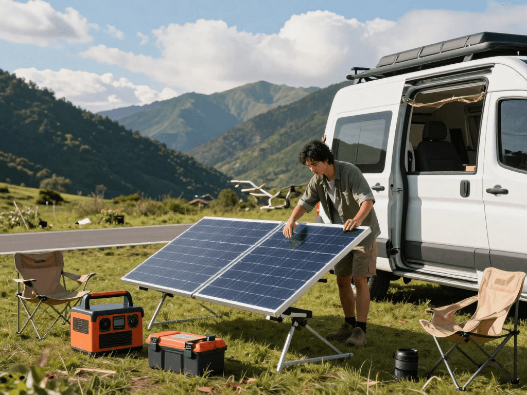 Setting up solar panels on campervan for rokok88 slot energy independence in adventurous outdoor location
