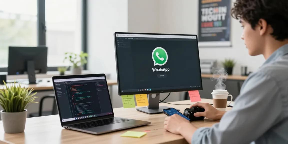 Professional using WhatsApp網頁版 on a monitor, surrounded by a modern workspace with tech gadgets and a motivating atmosphere.