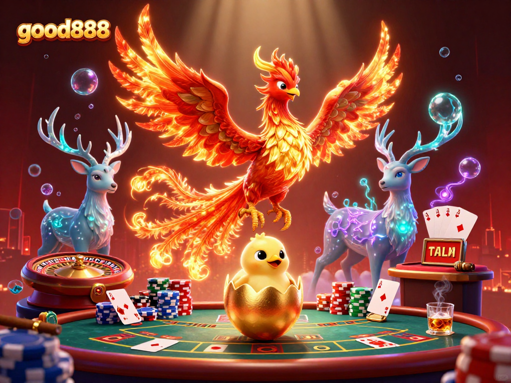Featuring a dynamic scene with good888’s casino elements, a phoenix, and poker action.