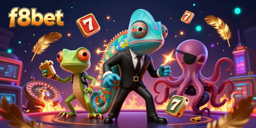 Experience thrilling gameplay with f8bet's dynamic casino characters in an exciting digital illustration.