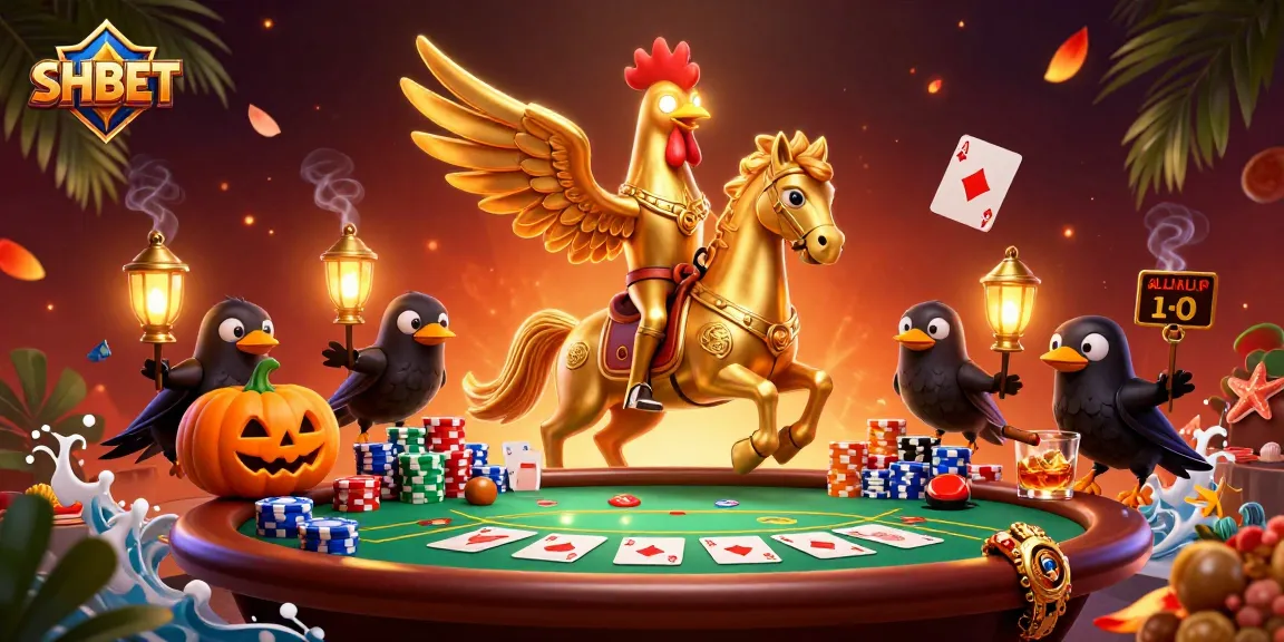 Experience the thrill of SHBET in a vibrant casino setting with golden rooster and poker action.