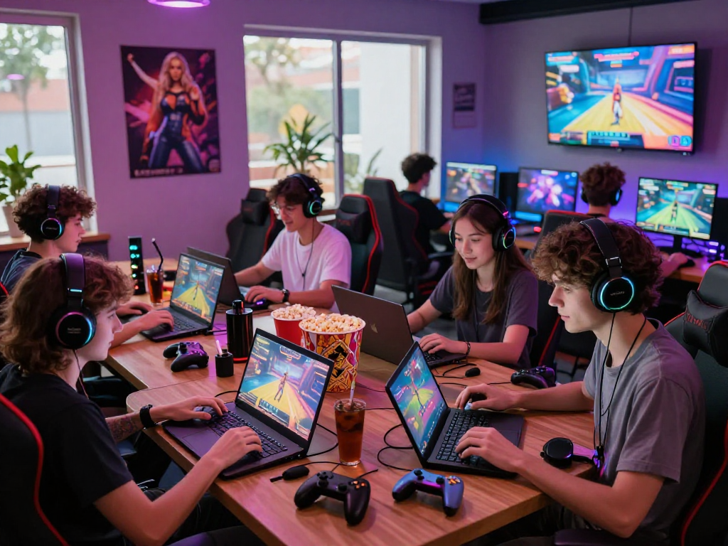 Play porn games in a vibrant gaming lounge with friends enjoying adult games.