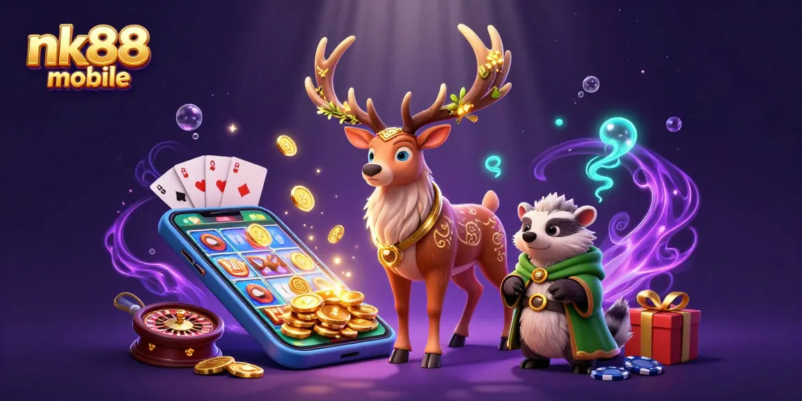 Experience nk88 mobile's vibrant slots in a dynamic 3D illustration filled with magical energy.