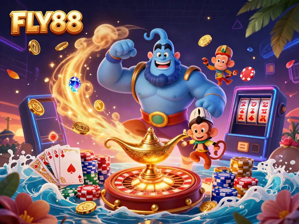 Engage with FLY88's vibrant gaming showcase featuring magical elements and casino items.