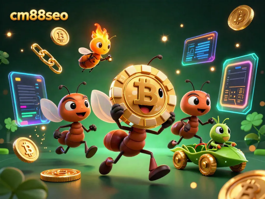 Experience excitement with cm88seo as playful ants carry a massive golden poker chip amidst a vibrant casino scene.