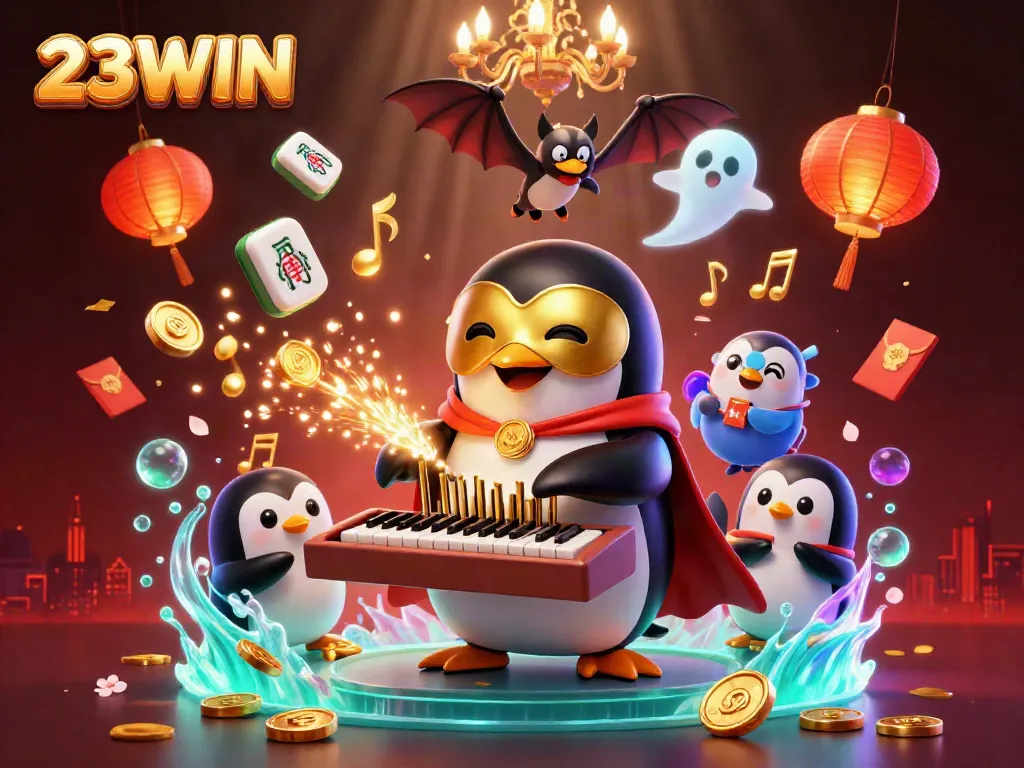 Experience the vibrant world of 23WIN where a phantom penguin brings luck with golden coins amidst casino elements.