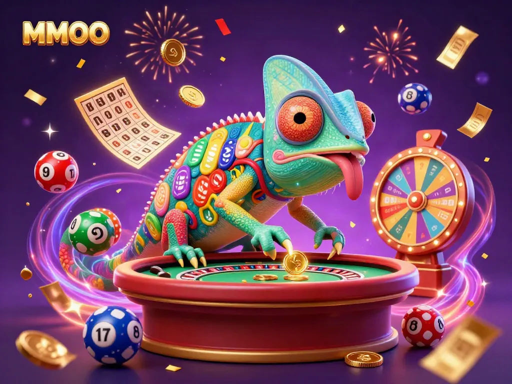 Experience the vibrant energy of MMOO casino world with a colorful chameleon inspired by the thrill of gaming.