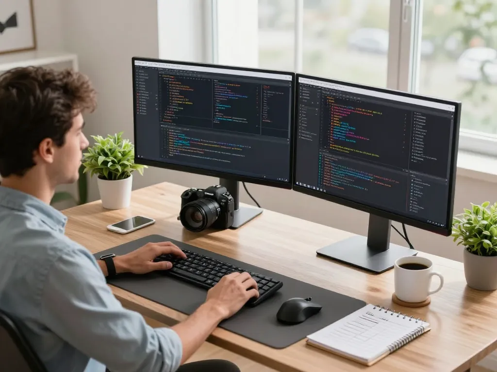 Engaging workspace with tech gadgets for productivity, featuring multiple monitors and Bluetooth devices.