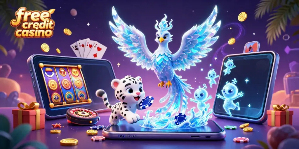 Join the excitement at free credit casino with a vibrant illustration of ice phoenix, leopard, and gaming elements!