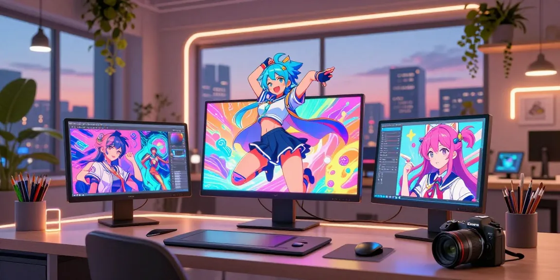 AI ecchi artwork in a dynamic tech workspace showcasing creativity and fantasy themes.