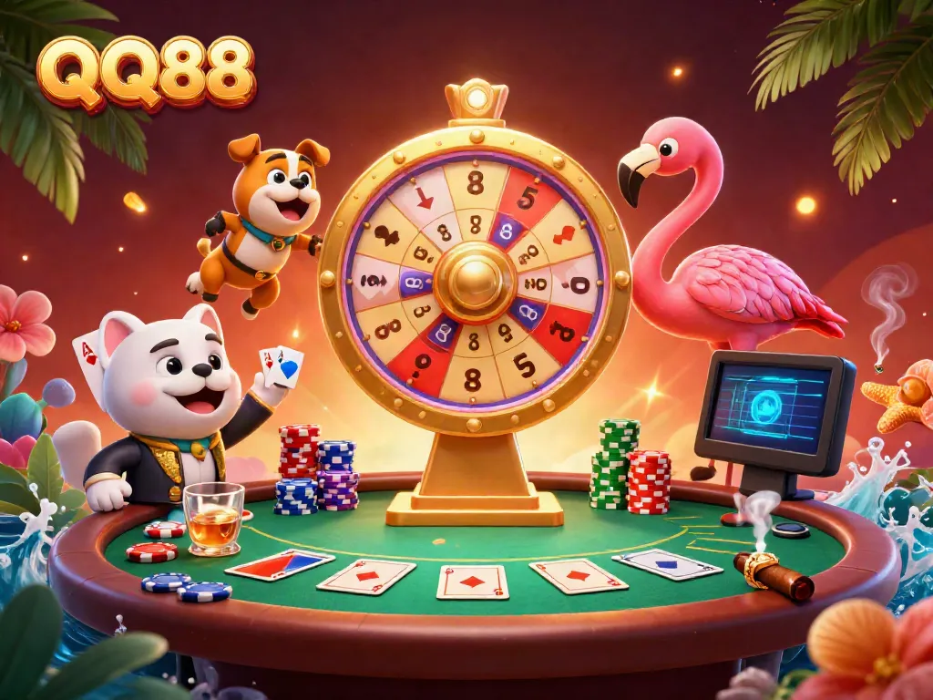 Experience the thrill of QQ88 with a vibrant game show scene filled with exciting casino elements.