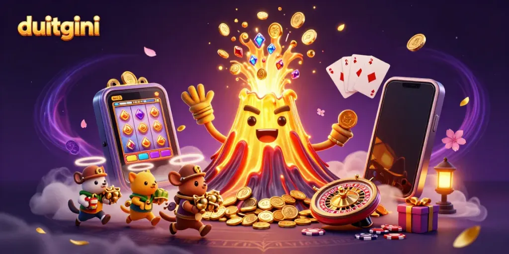Spin to win with duitgini - a vibrant 3D illustration of a golden volcano erupting coins and treasures from a dynamic gaming scene.