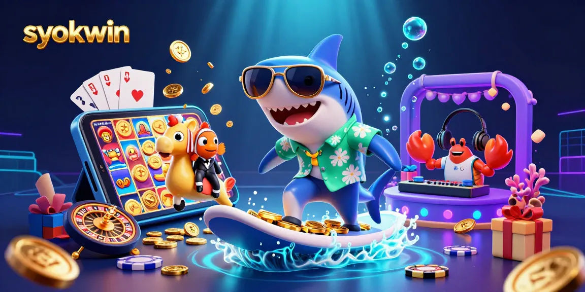 Engage with syokwin's exciting online casino experience featuring vibrant illustrations of games and characters.