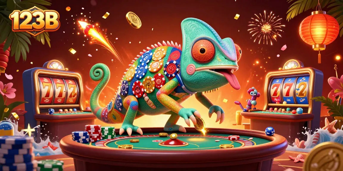 Experience thrilling gaming at 123B, where a vibrant chameleon casino owner engages players amidst festive elements.