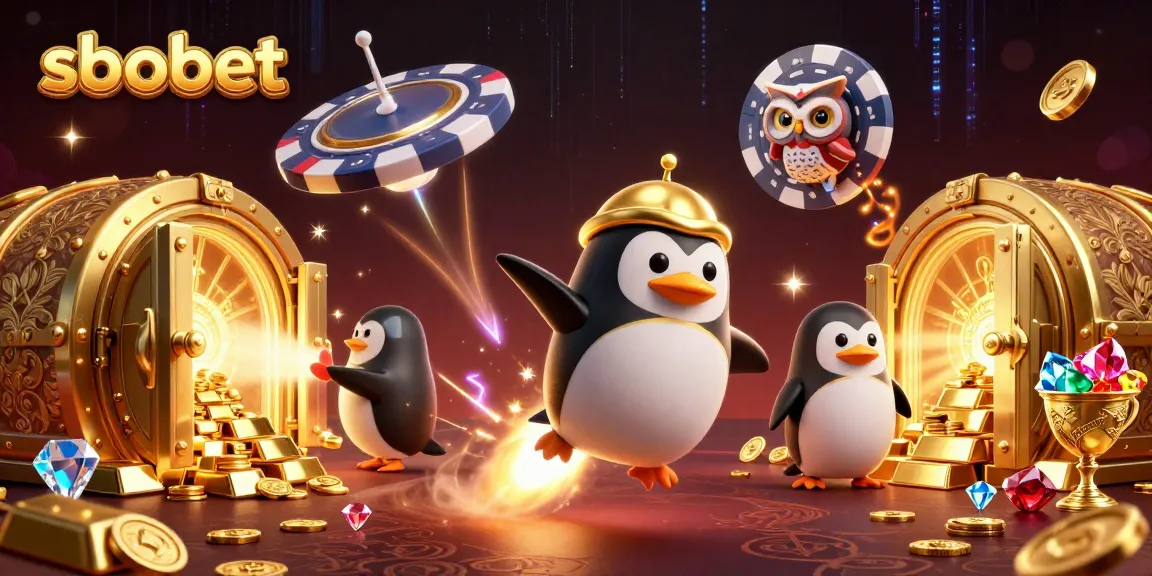 SBOBET sports betting excitement illustrated with a golden penguin and treasure elements in a casino scene