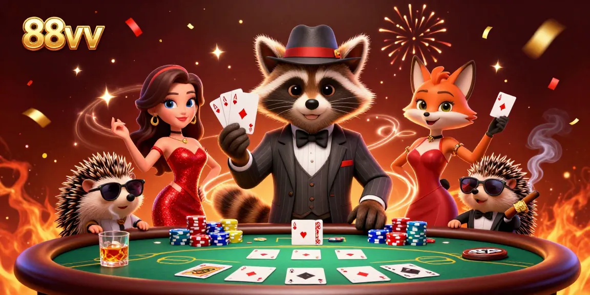 Experience the excitement of 88vv with a suave raccoon and friends celebrating at a vibrant poker scene.