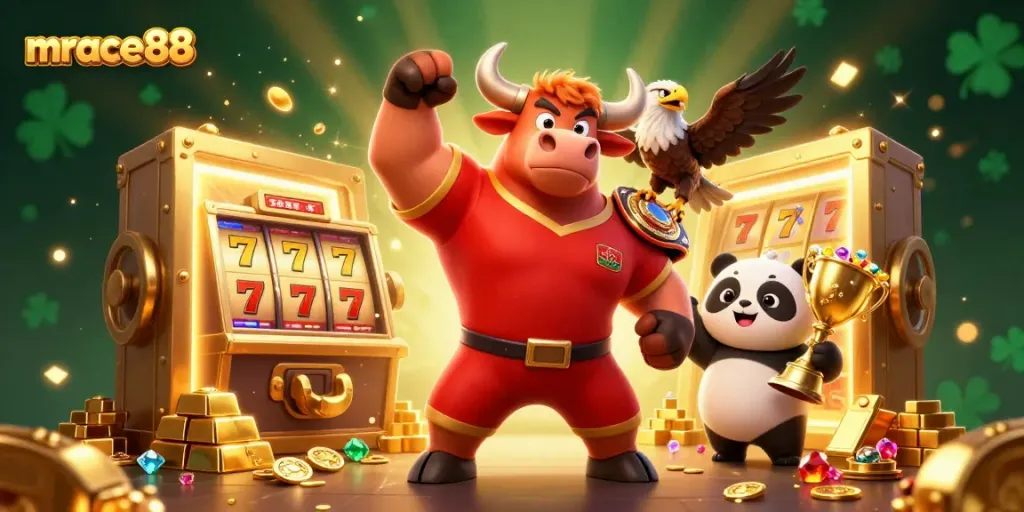 Experience thrilling gaming at mrace88 with vibrant characters and winning slots in a dynamic celebration.
