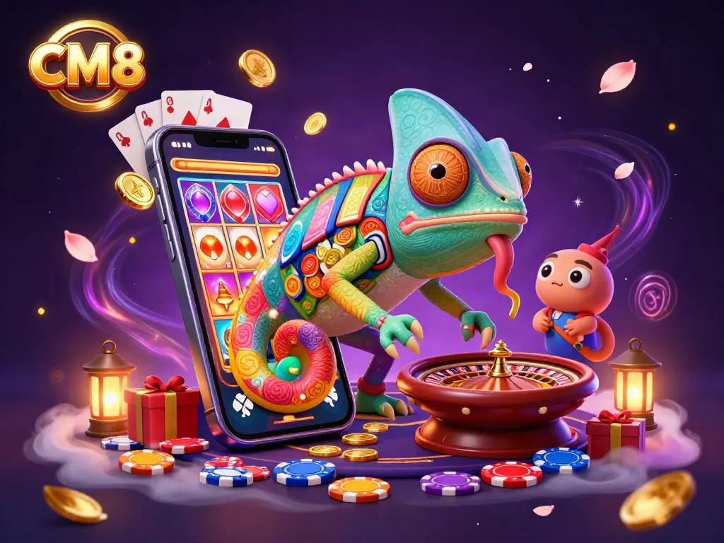 Join the vibrant CM8 casino experience with a colorful chameleon owner capturing wins amid dynamic gaming elements.