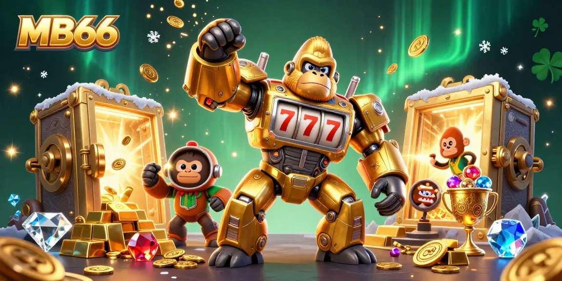 Engage with MB66's thrilling games featuring a dynamic gorilla mech amidst treasures in this vibrant casino illustration.