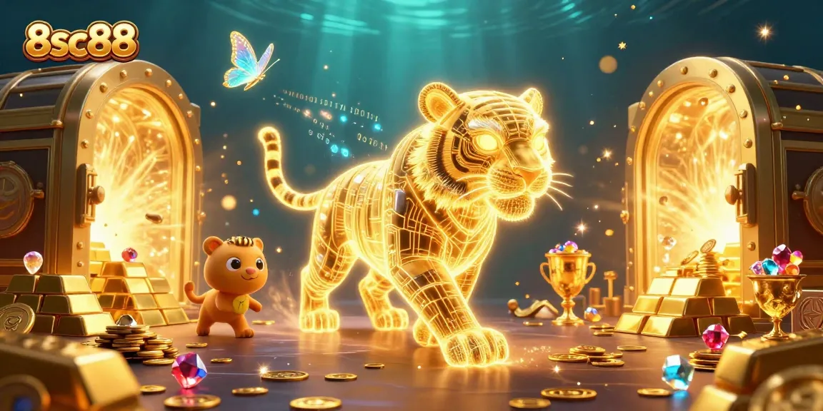 Experience the thrilling energy of 8sc88 casino with a dynamic neon tiger and golden treasures.