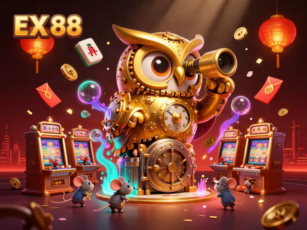 Experience the thrill of EX 88 with a clockwork owl in a vibrant casino scene.