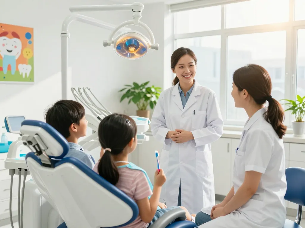 Dentist welcoming a family in a bright dental clinic, highlighting a friendly atmosphere for those searching for a dentist near me.