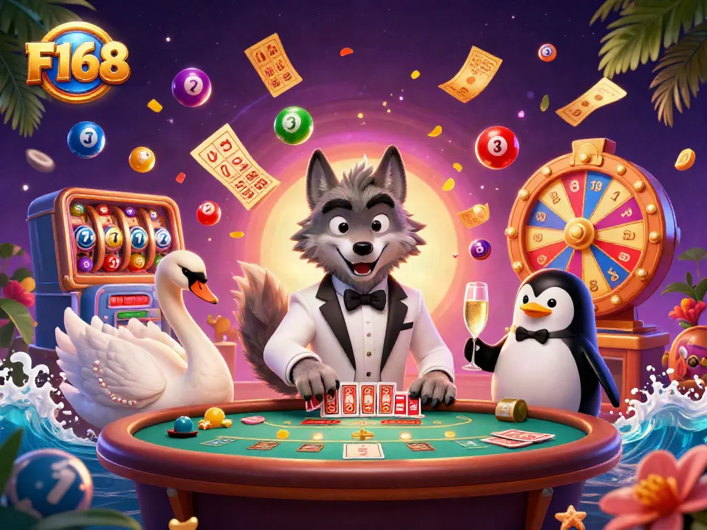 Experience the thrill of F168 with a dynamic scene featuring a wolf, swan, and penguin amidst colorful casino elements.